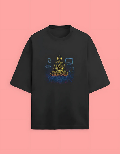 Unisex Terry Oversized T-Shirt | 280 GSM Cotton Blend | Digital Monk Neon Graphic | Drop Shoulder Fit
