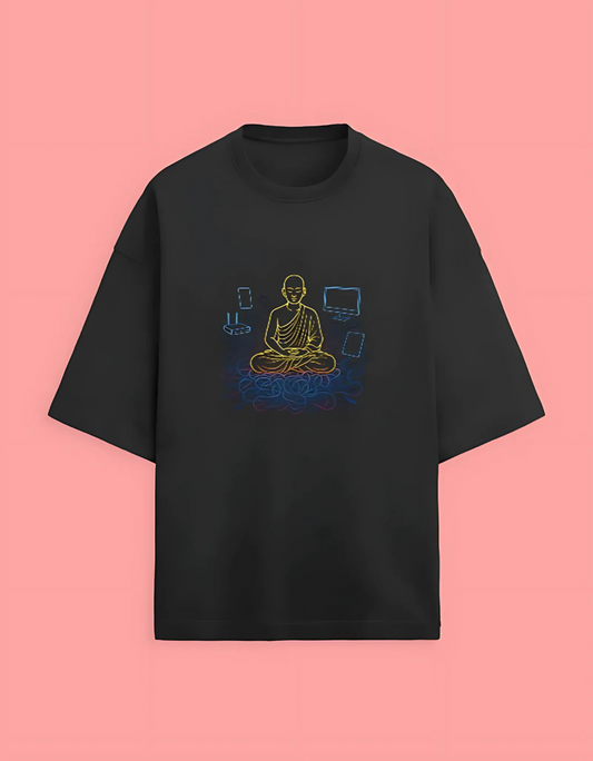 Unisex Terry Oversized T-Shirt | 280 GSM Cotton Blend | Digital Monk Neon Graphic | Drop Shoulder Fit