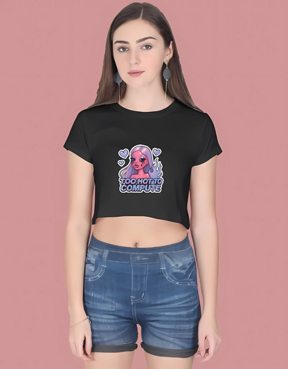 Women’s Cotton Crop Top – “Too Hot To Compute” Futuristic Barbie Print | 180 GSM | Trendy Streetwear Style