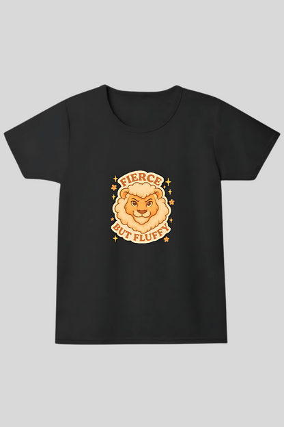 Girls' 100% Cotton T-Shirt for Kids | “Fierce But Fluffy” Cute Lion Print | 180 GSM | Pre-Shrunk | Soft & Bio-Washed