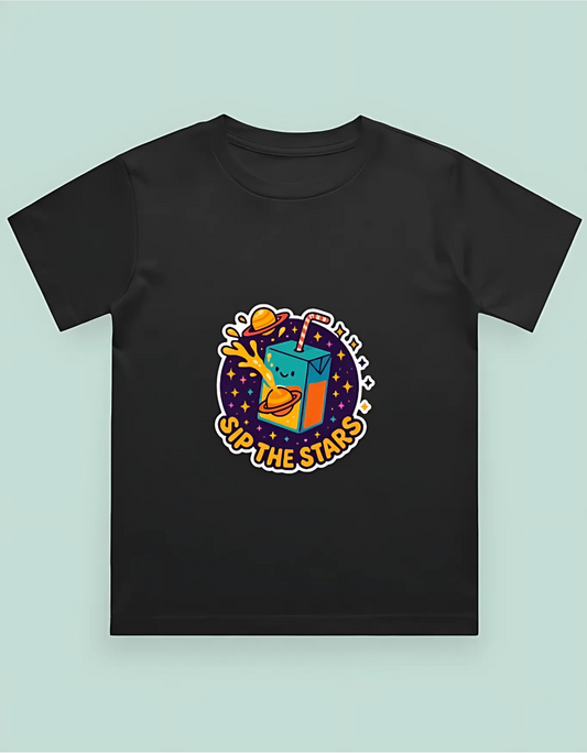 Boys’ Classic Cotton T-Shirt – “Sip the Stars” Space Juice Box Print | 180 GSM | 100% Super Combed Cotton | Fun Unisex Fit
