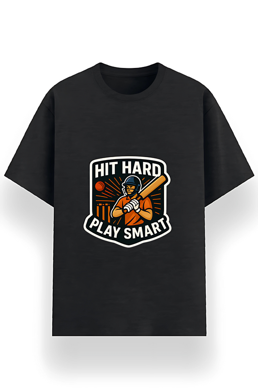 Hit Hard Play Smart Cricket Graphic Men’s T-Shirt – 180 GSM | Poly Cotton | Recycled Fabric | Unisex Fit