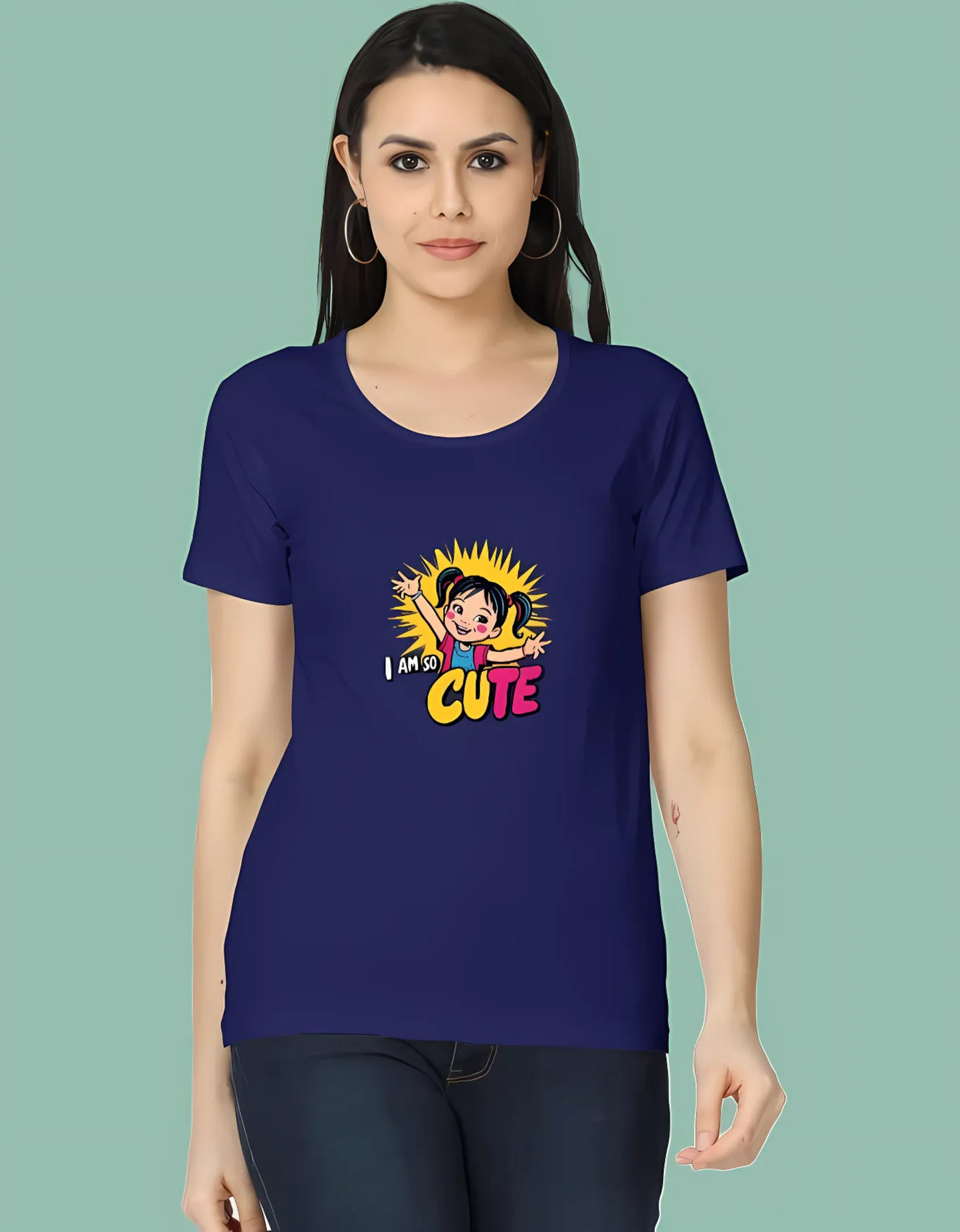 Women’s Classic Cotton T-Shirt – “I Am So Cute” Cartoon Girl Graphic | 180 GSM | Regular Fit | Vibrant Print