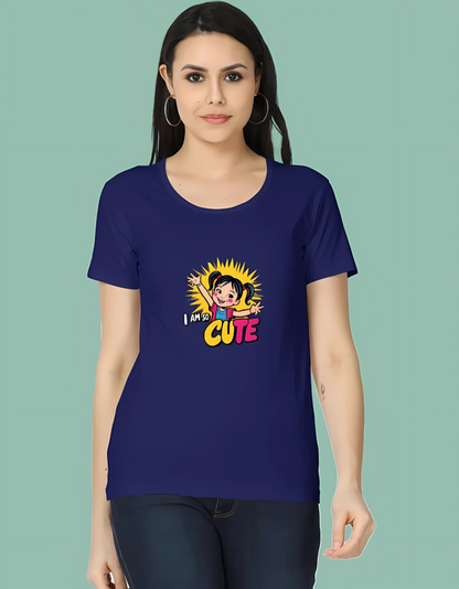 Women’s Classic Cotton T-Shirt – “I Am So Cute” Cartoon Girl Graphic | 180 GSM | Regular Fit | Vibrant Print