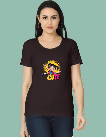 Women’s Classic Cotton T-Shirt – “I Am So Cute” Cartoon Girl Graphic | 180 GSM | Regular Fit | Vibrant Print