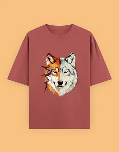Unisex Oversized T-Shirt with Split Wolf Graphic | 240 GSM 100% Cotton | Artistic Wild Aesthetic Tee