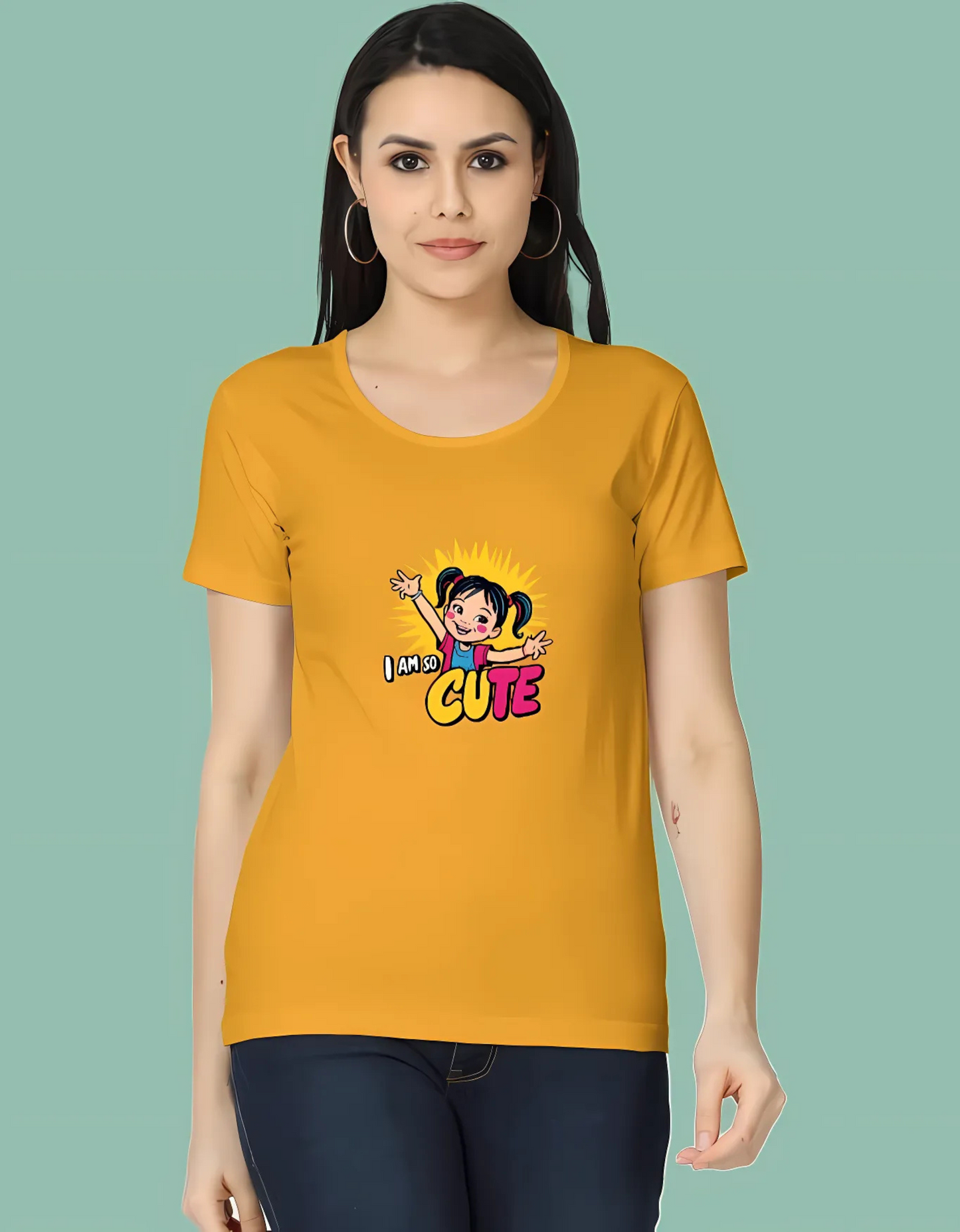 Women’s Classic Cotton T-Shirt – “I Am So Cute” Cartoon Girl Graphic | 180 GSM | Regular Fit | Vibrant Print