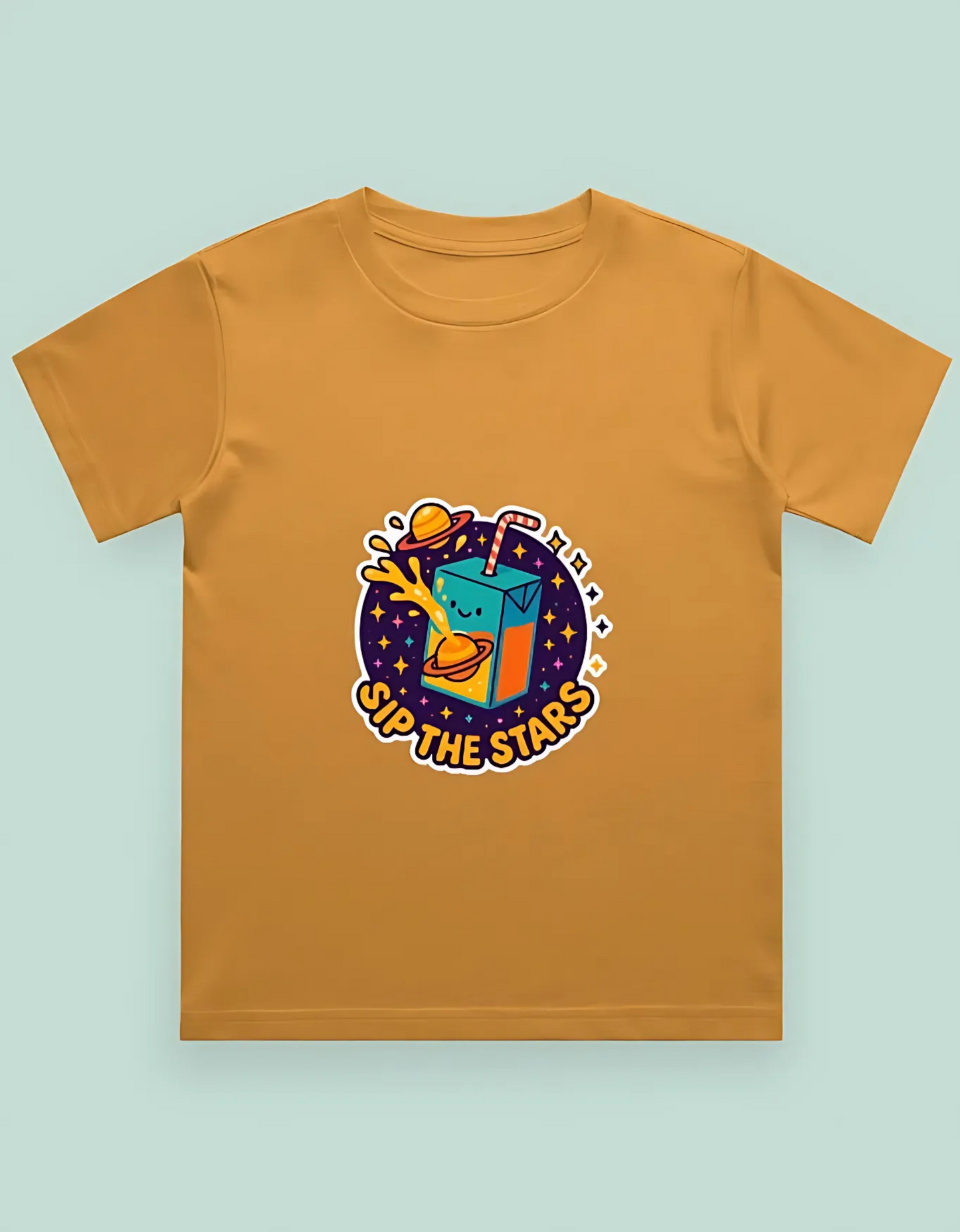 Boys’ Classic Cotton T-Shirt – “Sip the Stars” Space Juice Box Print | 180 GSM | 100% Super Combed Cotton | Fun Unisex Fit