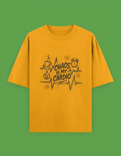 Unisex Oversized Terry T-Shirt – Chaos Is My Cardio Graphic | 280 GSM Cotton Blend | Drop Shoulder Fit
