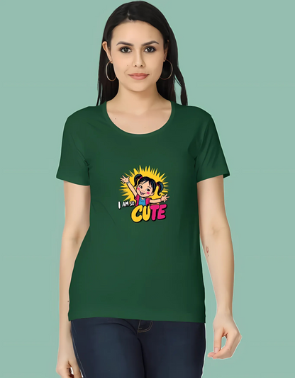 Women’s Classic Cotton T-Shirt – “I Am So Cute” Cartoon Girl Graphic | 180 GSM | Regular Fit | Vibrant Print
