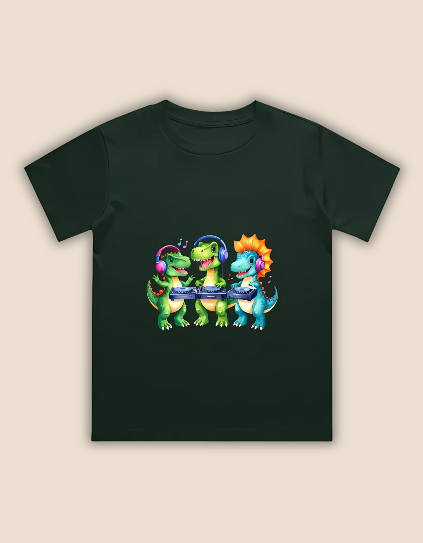 Boys’ Crew Neck T-Shirt – Cute DJ Dinosaurs Print | 180 GSM 100% Cotton, Bio-Washed, Regular Fit