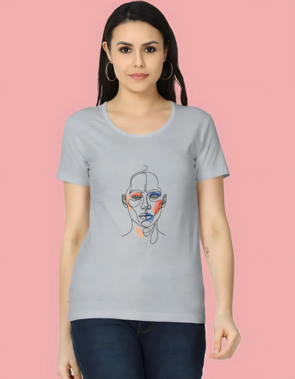 Women’s Classic T-Shirt with Abstract Face Art Print | 180 GSM Super Combed Cotton | Minimal Line Aesthetic Tee