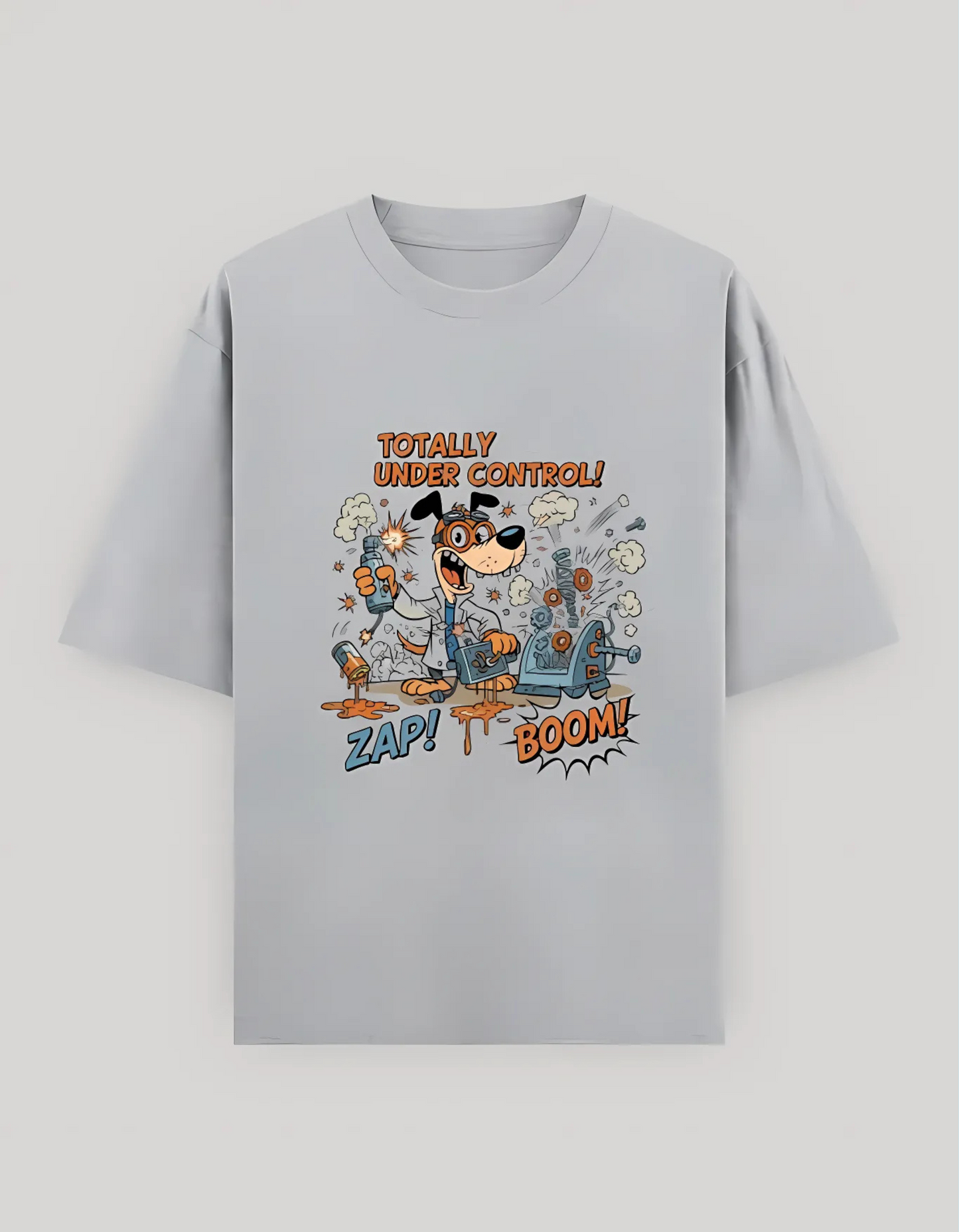 Unisex Oversized Fit Classic T-Shirt – “Totally Under Control!” Cartoon Dog Scientist Print | 240 GSM 100% Cotton, Bio-Washed