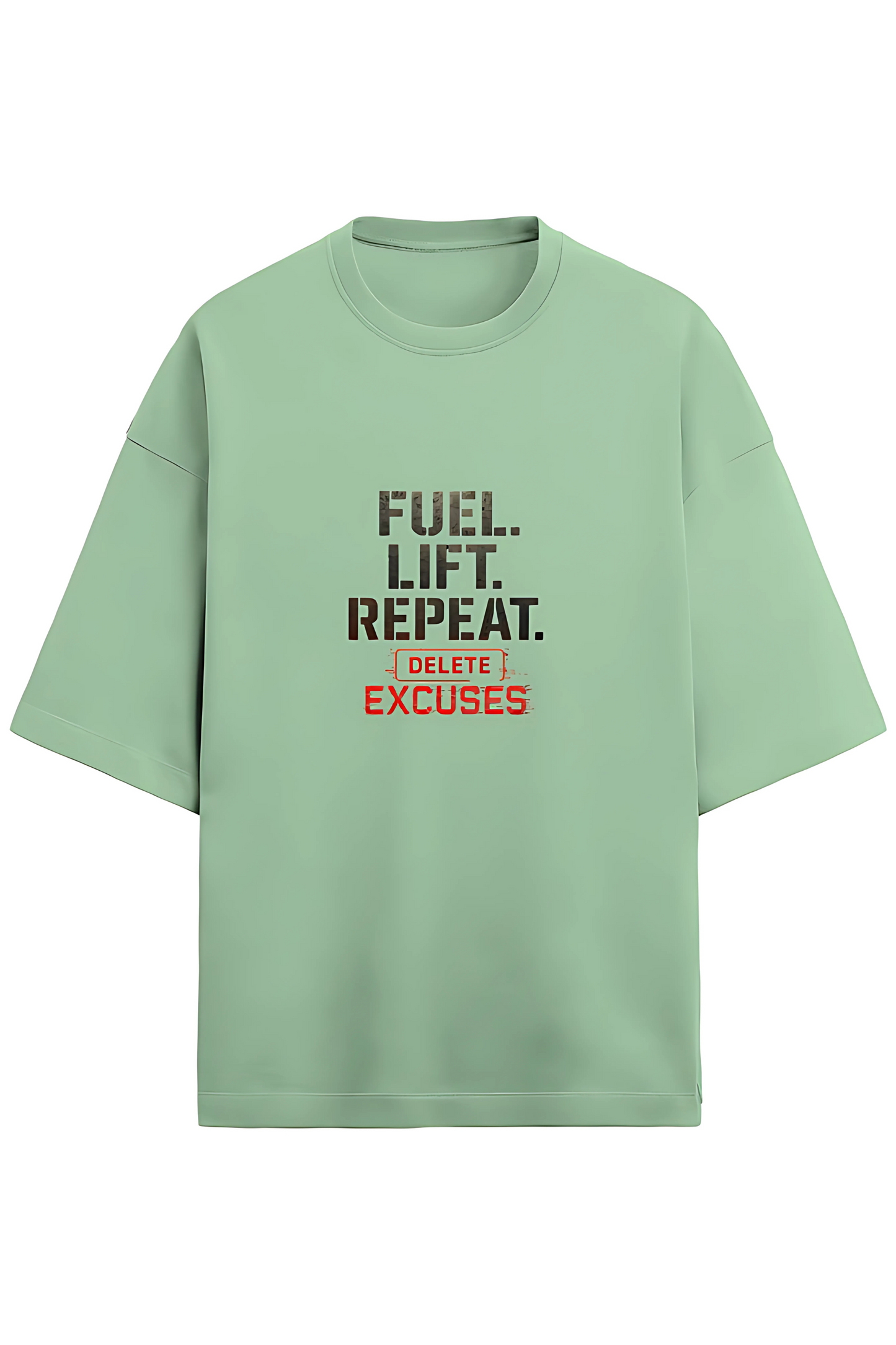 Men’s Oversized Gym T-Shirt | “Fuel Lift Repeat Delete Excuses” Print | 280 GSM Cotton Blend | Drop Shoulder Unisex Fit | Workout Motivation Tee