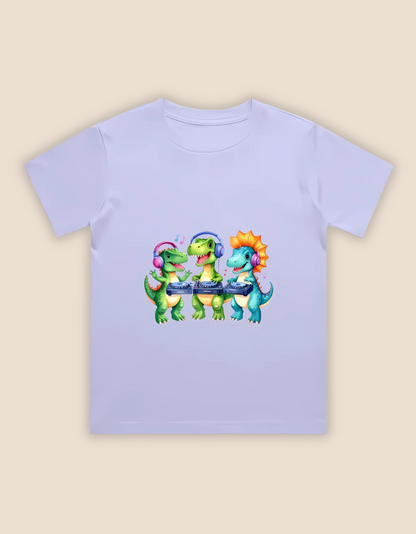 Boys’ Crew Neck T-Shirt – Cute DJ Dinosaurs Print | 180 GSM 100% Cotton, Bio-Washed, Regular Fit