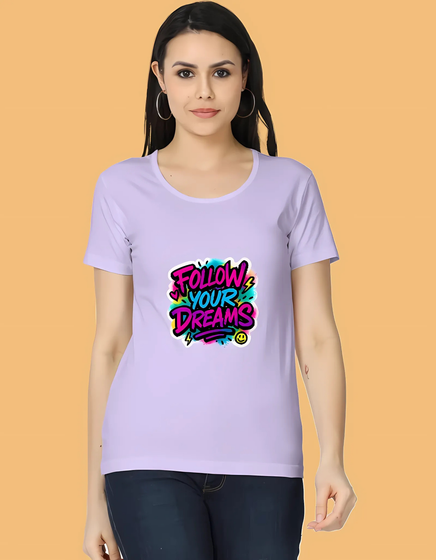 Women’s Classic Fit T-Shirt – “Follow Your Dreams” Neon Graffiti Print | 100% Cotton | 180 GSM