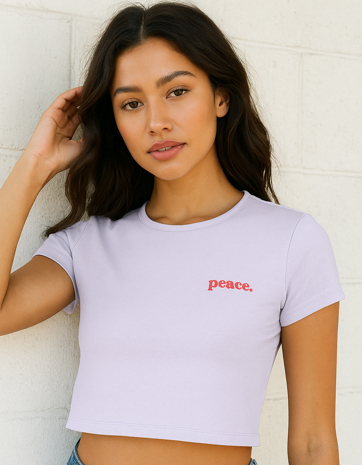 Women’s Black Baby Tee – “Peace.” Printed | 240 GSM Premium Cotton Stretchable Crop Fit