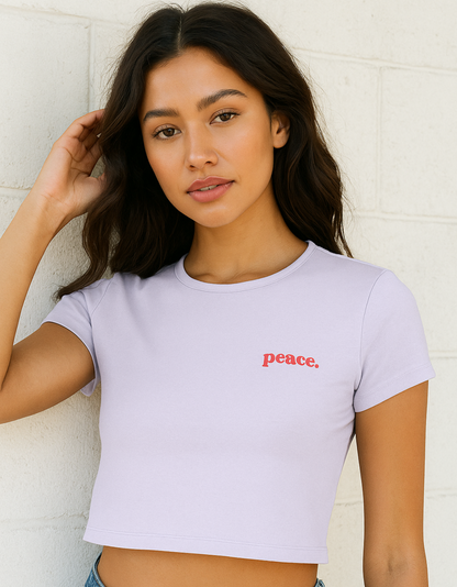 Women’s Black Baby Tee – “Peace.” Printed | 240 GSM Premium Cotton Stretchable Crop Fit