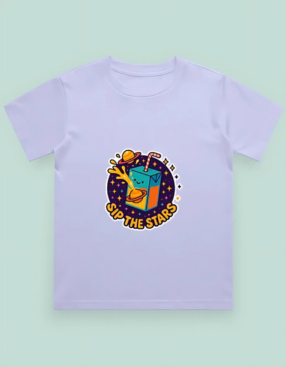 Boys’ Classic Cotton T-Shirt – “Sip the Stars” Space Juice Box Print | 180 GSM | 100% Super Combed Cotton | Fun Unisex Fit