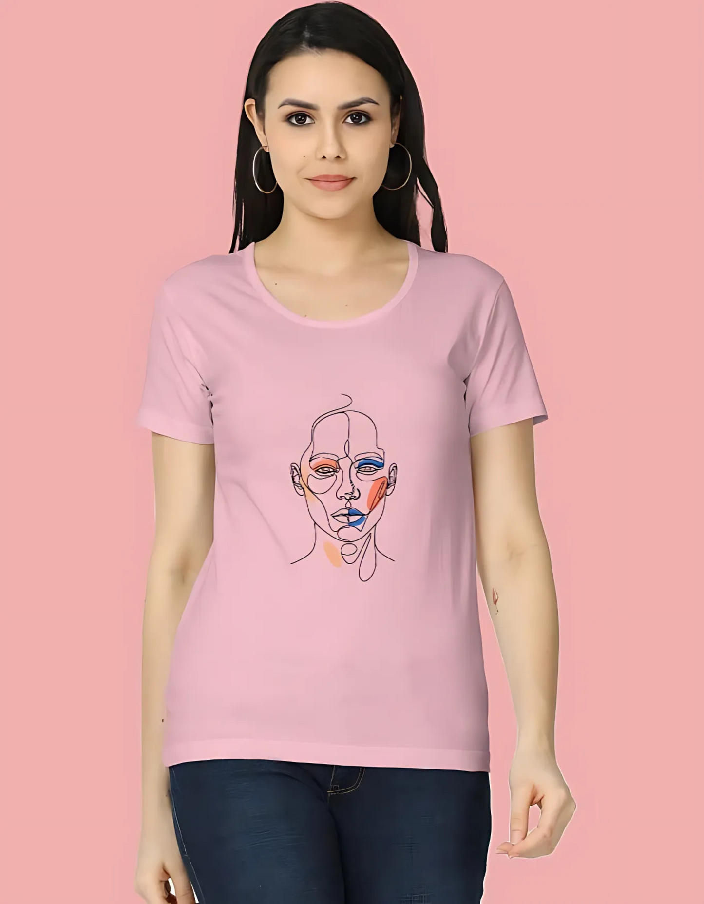 Women’s Classic T-Shirt with Abstract Face Art Print | 180 GSM Super Combed Cotton | Minimal Line Aesthetic Tee