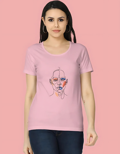 Women’s Classic T-Shirt with Abstract Face Art Print | 180 GSM Super Combed Cotton | Minimal Line Aesthetic Tee