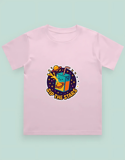 Boys’ Classic Cotton T-Shirt – “Sip the Stars” Space Juice Box Print | 180 GSM | 100% Super Combed Cotton | Fun Unisex Fit