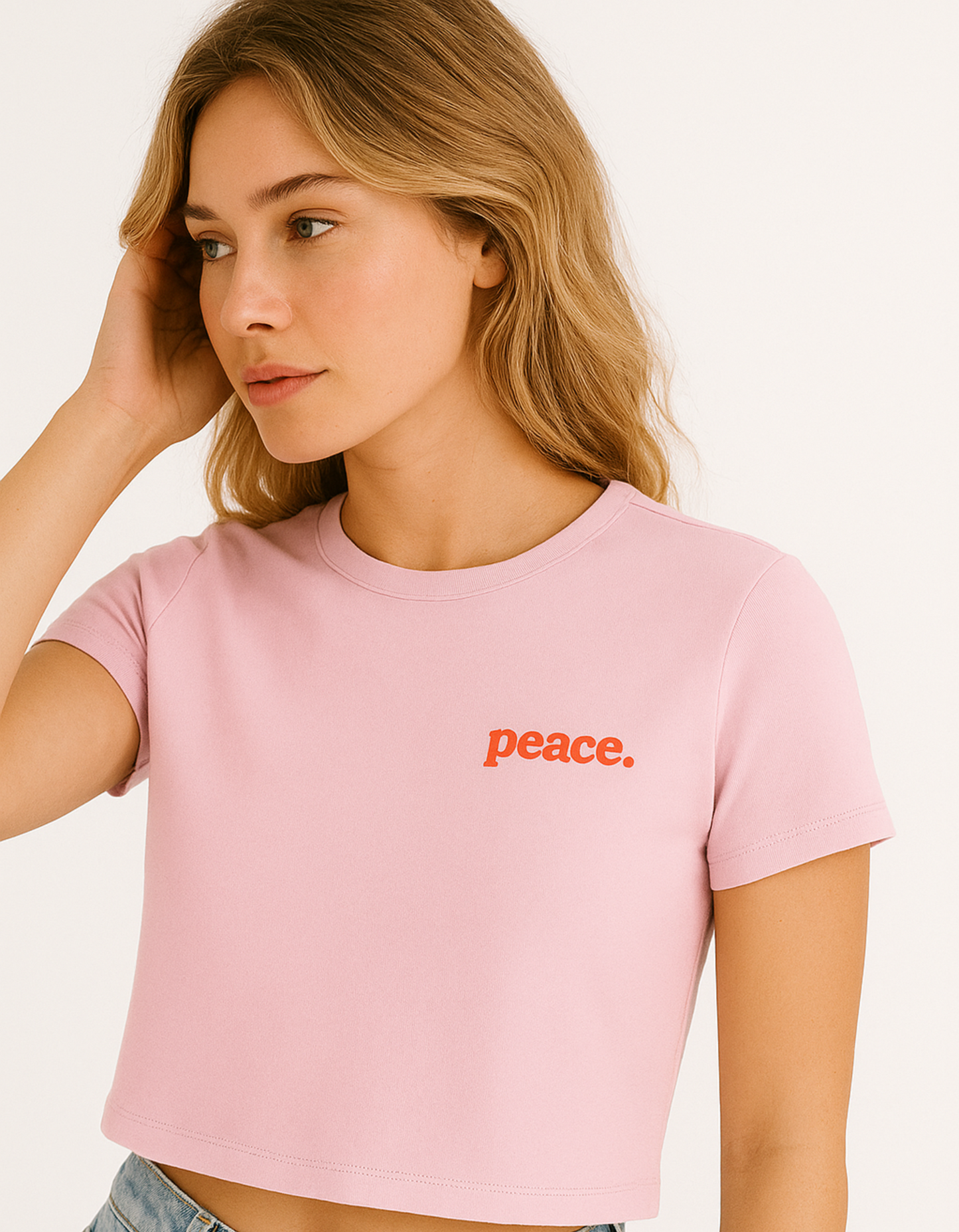 Women’s Black Baby Tee – “Peace.” Printed | 240 GSM Premium Cotton Stretchable Crop Fit