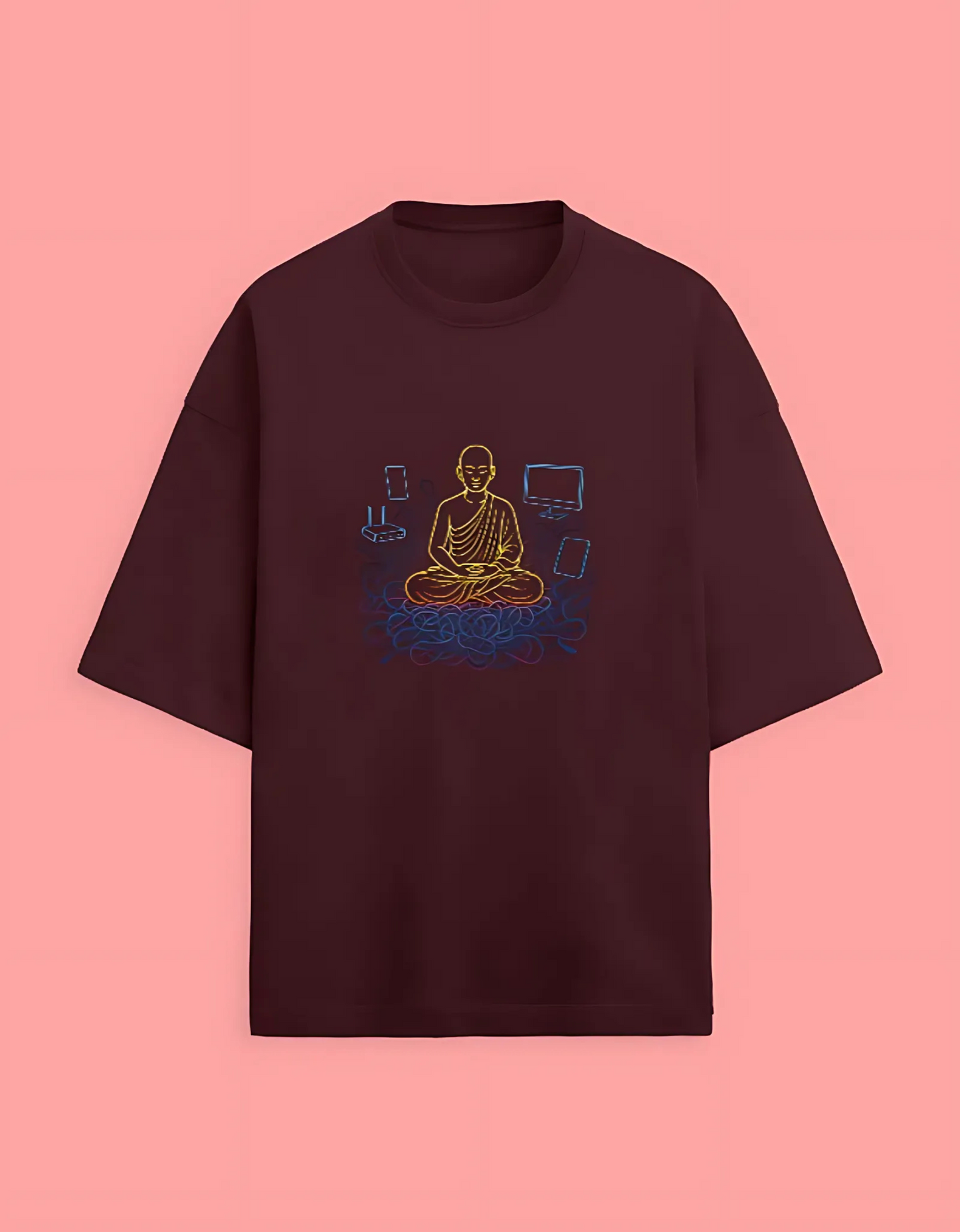 Unisex Terry Oversized T-Shirt | 280 GSM Cotton Blend | Digital Monk Neon Graphic | Drop Shoulder Fit