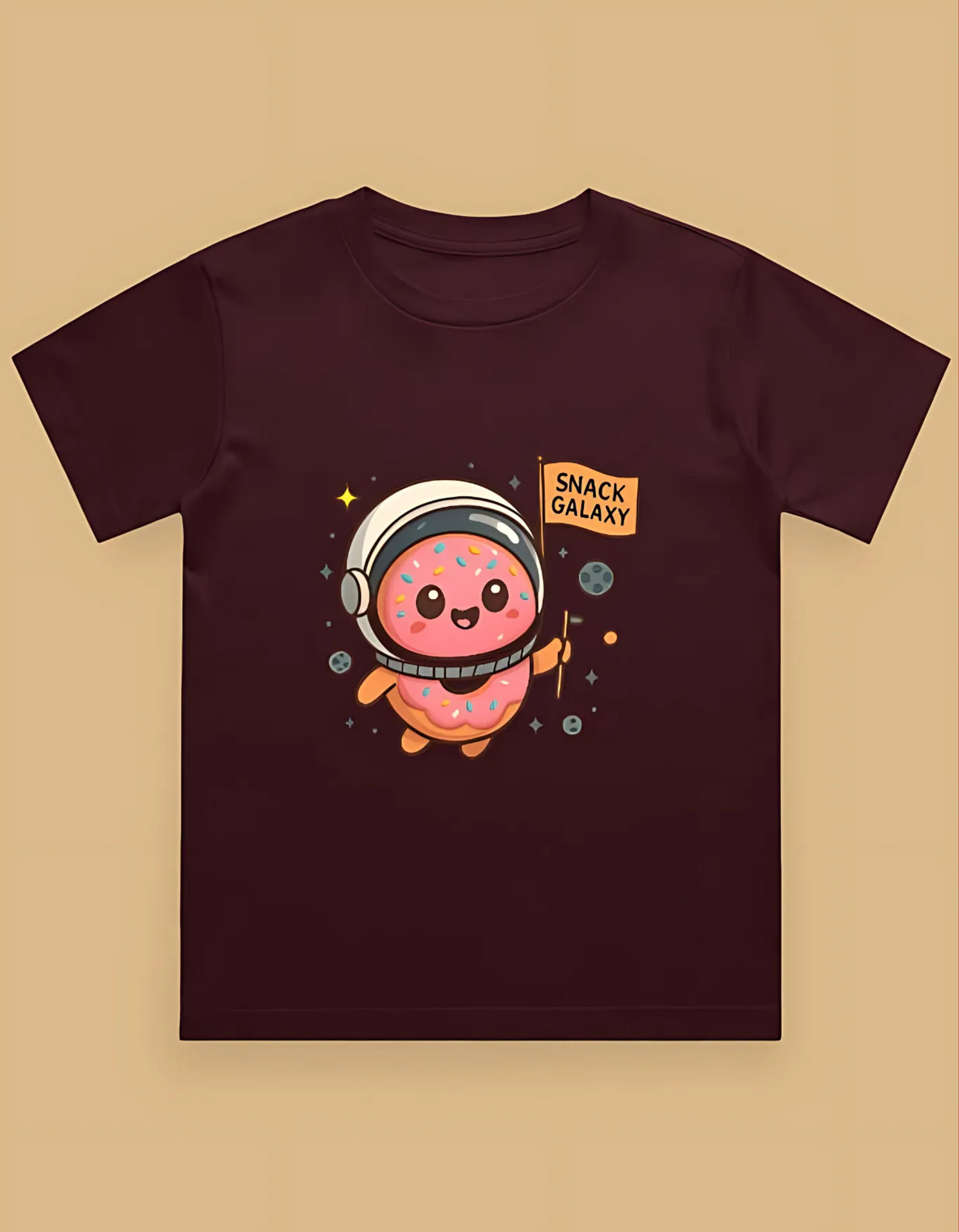 Boys' Crew Neck T-Shirt – “Snack Galaxy” Donut Astronaut Print | 100% Cotton | 180 GSM | Bio-Washed | Regular Fit Tee