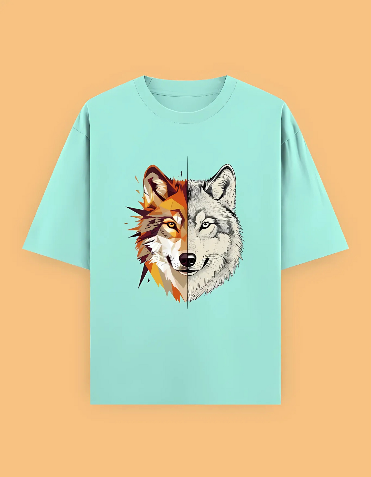 Unisex Oversized T-Shirt with Split Wolf Graphic | 240 GSM 100% Cotton | Artistic Wild Aesthetic Tee