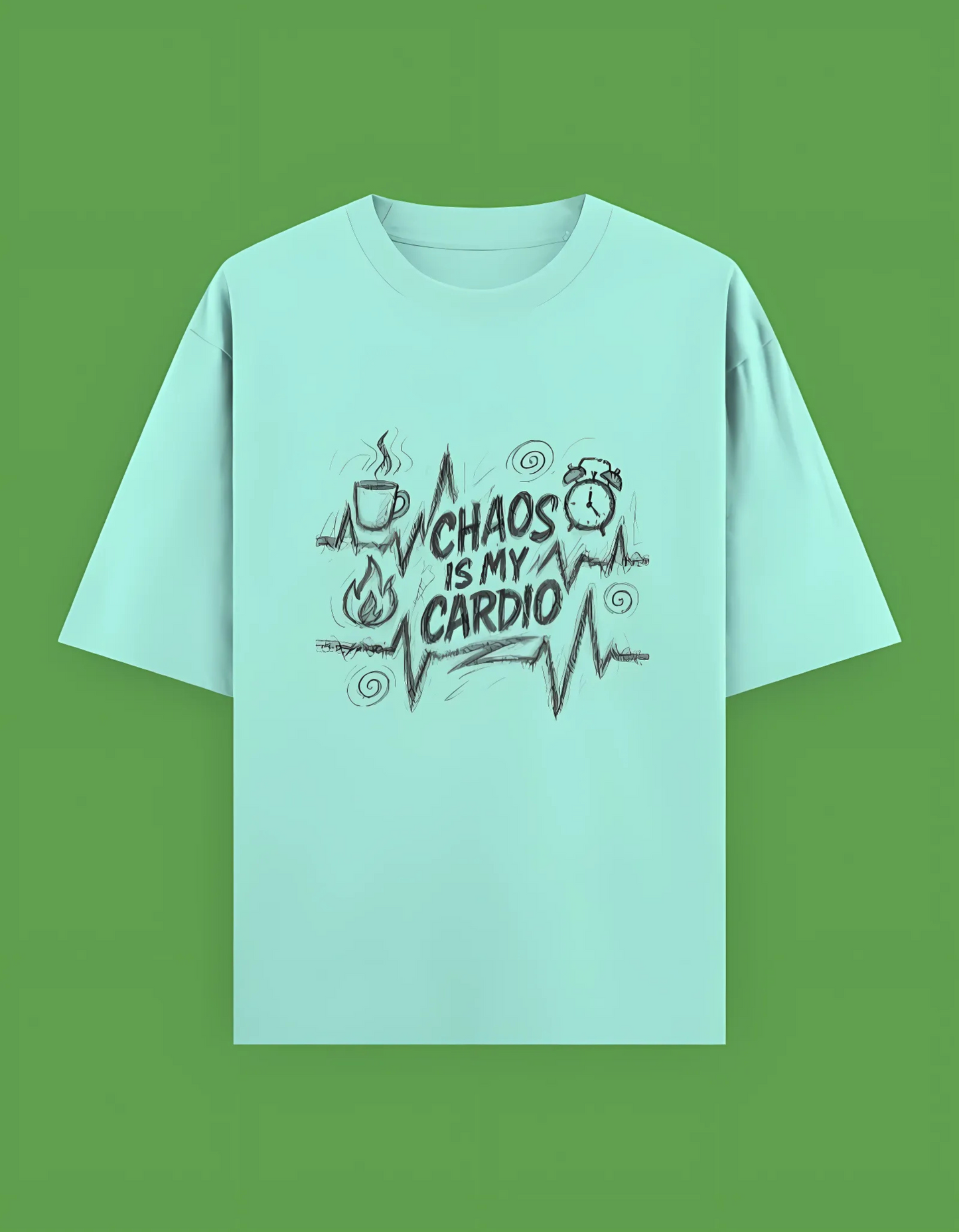 Unisex Oversized Terry T-Shirt – Chaos Is My Cardio Graphic | 280 GSM Cotton Blend | Drop Shoulder Fit