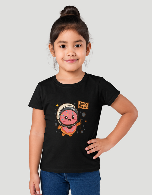 Girls’ Crew Neck T-Shirt – “Snack Galaxy” Donut Astronaut Print | 180 GSM | 100% Cotton | Bio-Washed | Super Combed | Pre-Shrunk