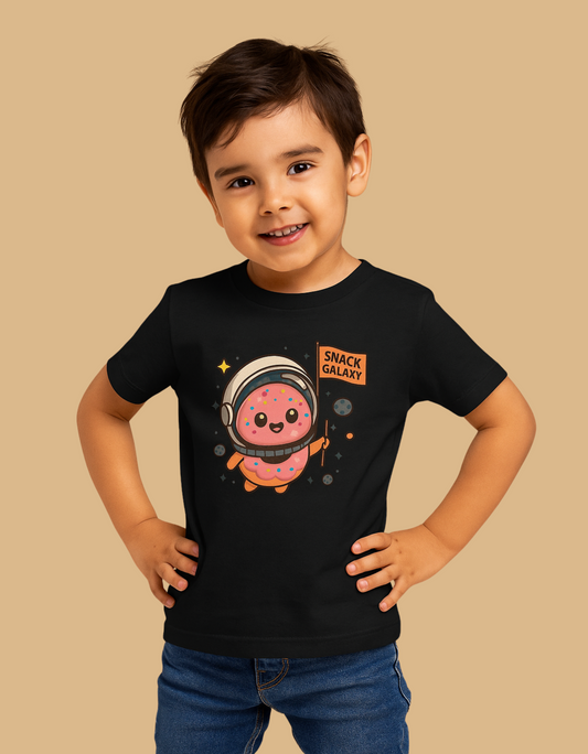 Boys' Crew Neck T-Shirt – “Snack Galaxy” Donut Astronaut Print | 100% Cotton | 180 GSM | Bio-Washed | Regular Fit Tee