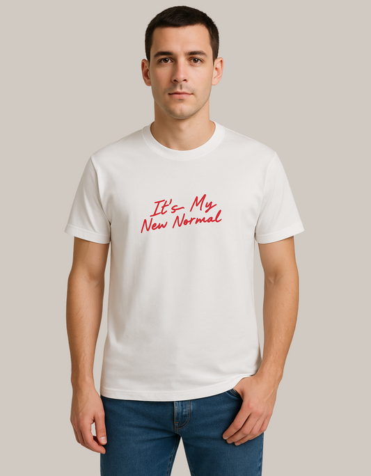 Unisex Basic Tee – “It’s My New Normal” Slogan Print | 180 GSM | Recycled Poly-Cotton | Bio-Washed | Eco-Friendly Fit
