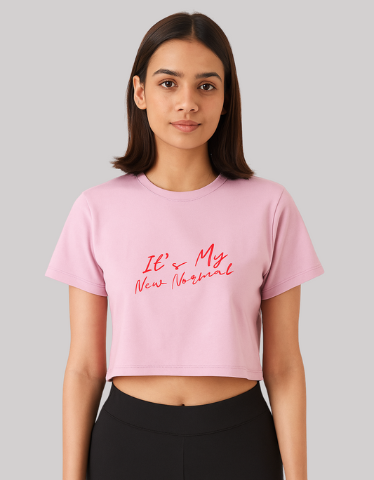 Women’s Baby Tee – “It’s My New Normal” Slogan | Stretchable Fit | 240 GSM Cotton-Spandex | Gen Z Style | Bio-Washed & Pre-Shrunk