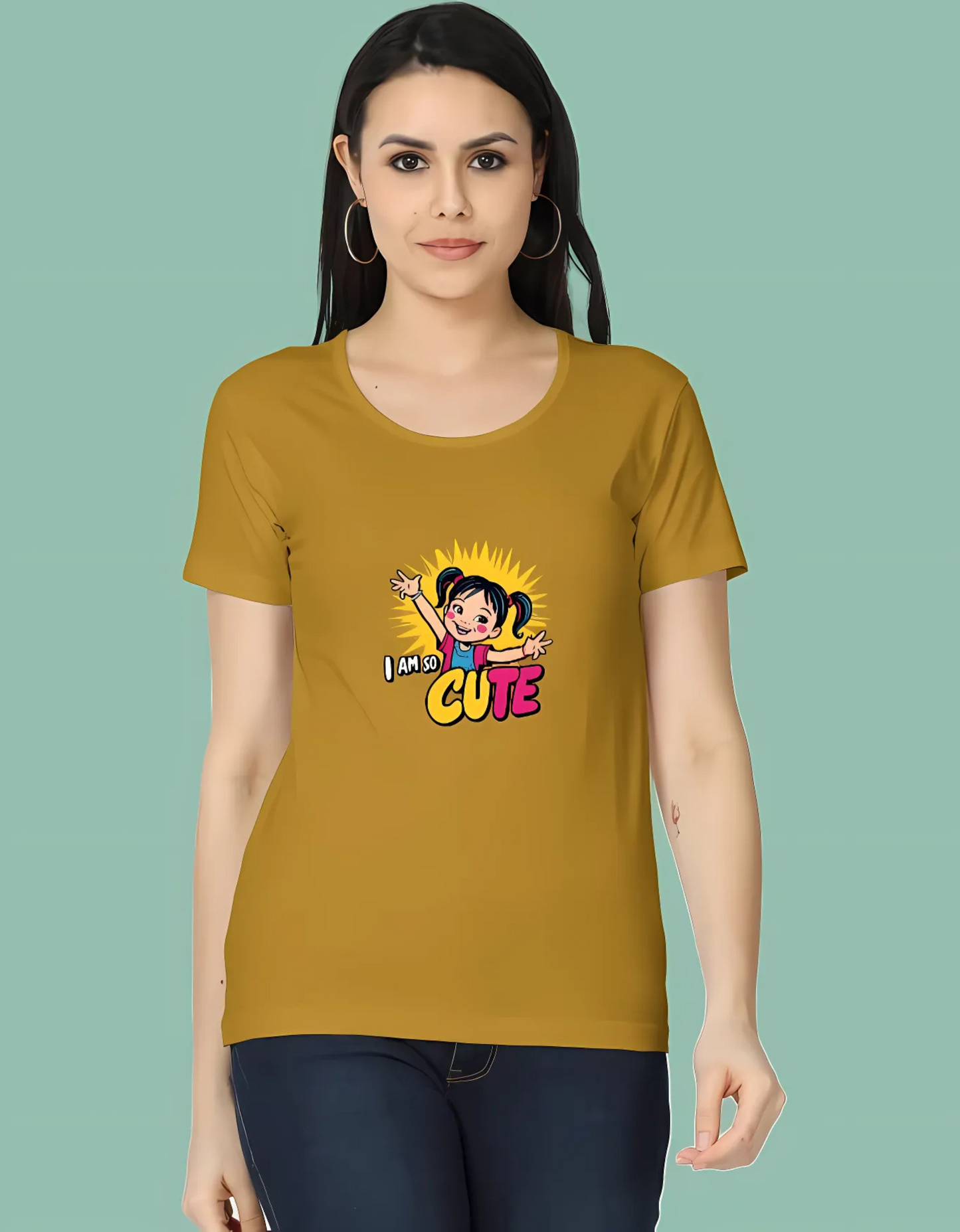 Women’s Classic Cotton T-Shirt – “I Am So Cute” Cartoon Girl Graphic | 180 GSM | Regular Fit | Vibrant Print