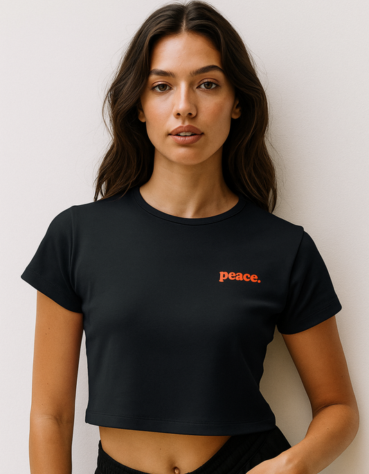 Women’s Black Baby Tee – “Peace.” Printed | 240 GSM Premium Cotton Stretchable Crop Fit
