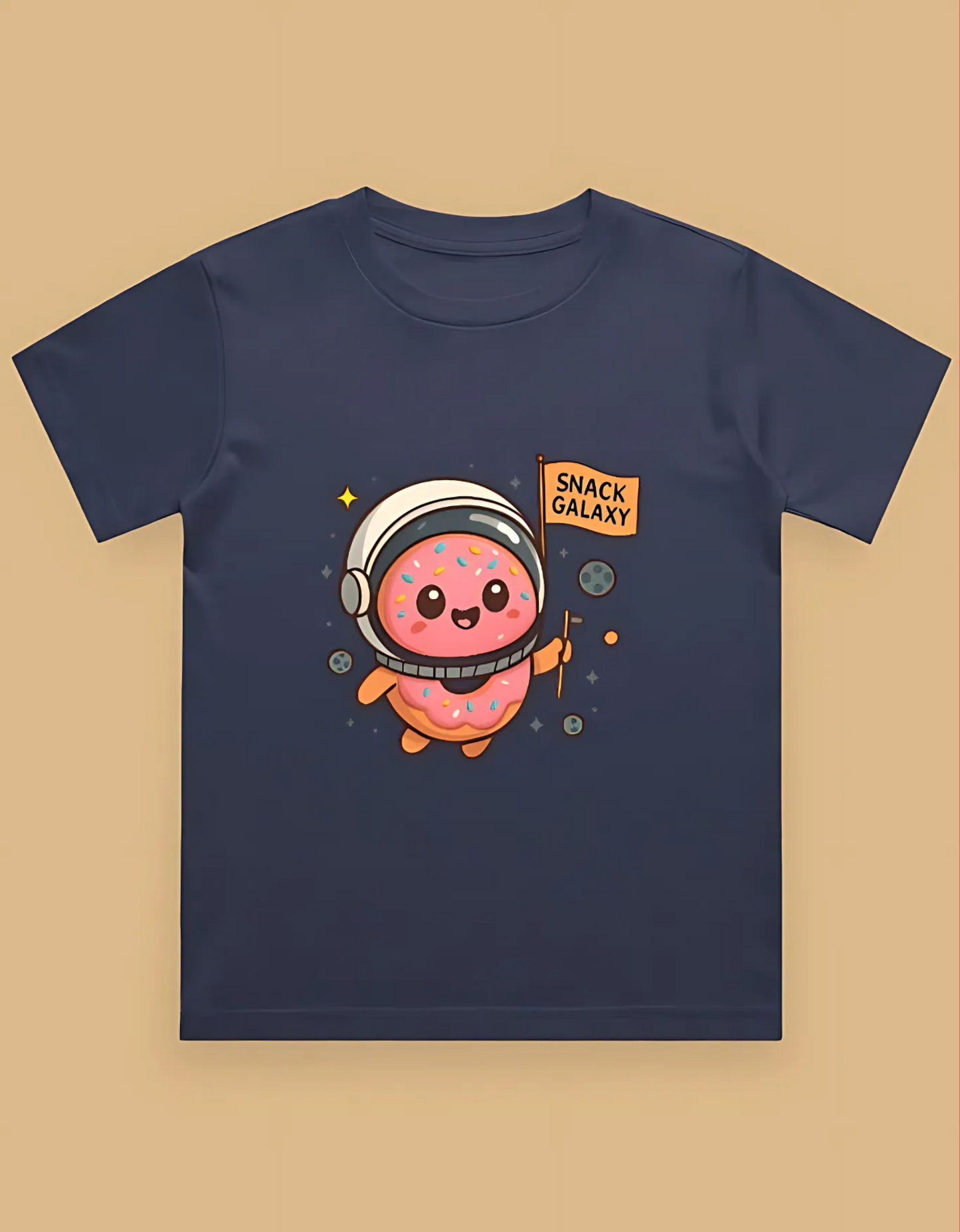 Boys' Crew Neck T-Shirt – “Snack Galaxy” Donut Astronaut Print | 100% Cotton | 180 GSM | Bio-Washed | Regular Fit Tee