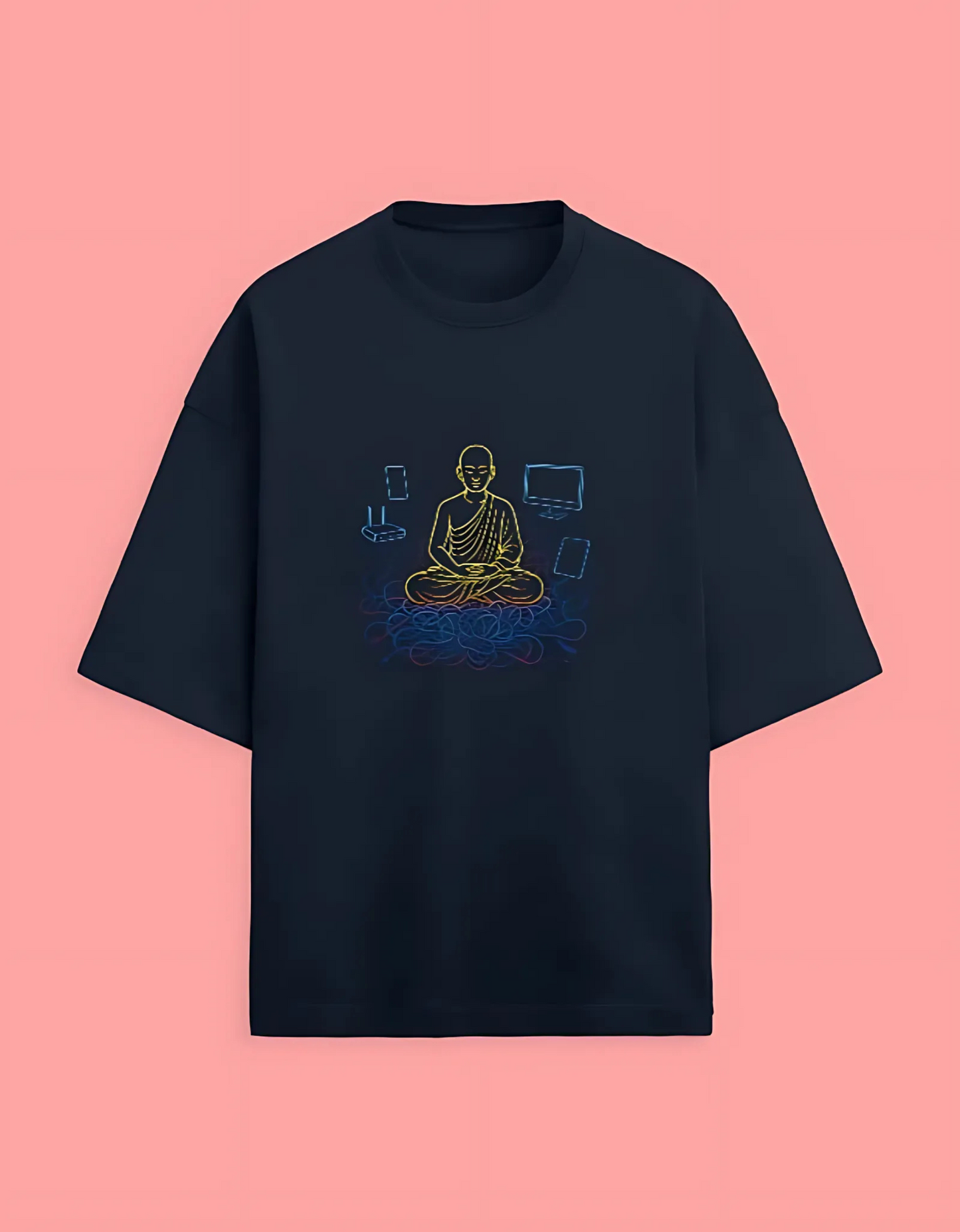 Unisex Terry Oversized T-Shirt | 280 GSM Cotton Blend | Digital Monk Neon Graphic | Drop Shoulder Fit