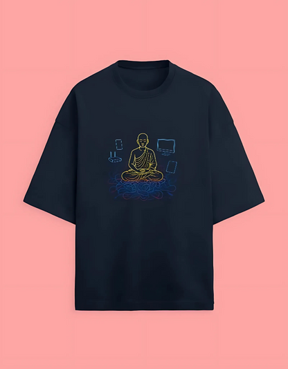 Unisex Terry Oversized T-Shirt | 280 GSM Cotton Blend | Digital Monk Neon Graphic | Drop Shoulder Fit