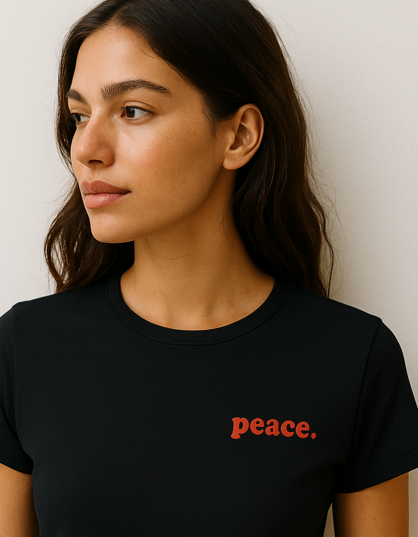 Women’s Black Baby Tee – “Peace.” Printed | 240 GSM Premium Cotton Stretchable Crop Fit