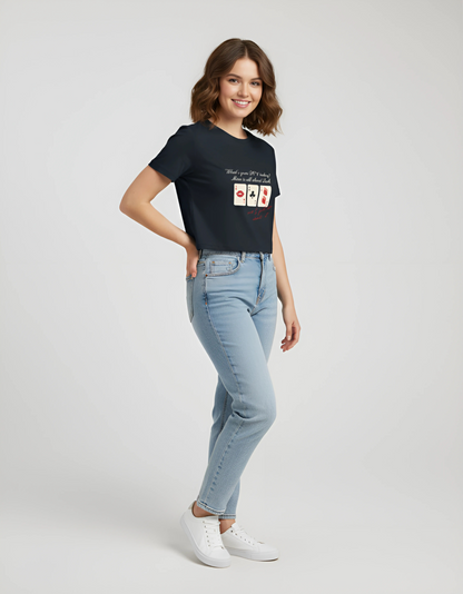 Women’s Black Baby Tee – Graphic Print | Gen Z Trend, Stretchable & Breathable Cotton Spandex