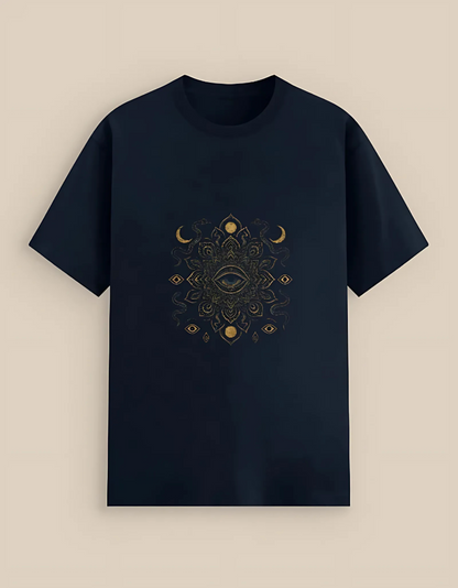 Unisex Cotton Stretch T-Shirt – Mystical Third Eye Mandala & Moon Phases Print | 240 GSM | Stretchable & Breathable