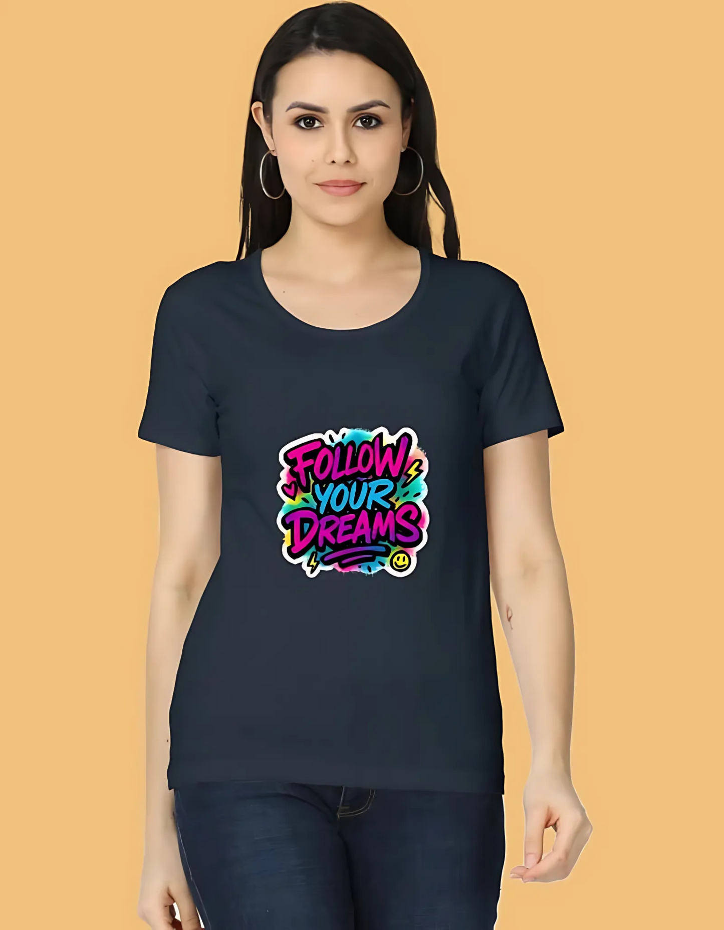 Women’s Classic Fit T-Shirt – “Follow Your Dreams” Neon Graffiti Print | 100% Cotton | 180 GSM