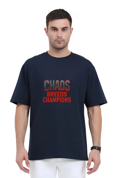 Men’s Oversized Cotton T-Shirt | “Chaos Breeds Champions” Motivational Print | 180 GSM | Gym Streetwear | Unisex Regular Fit