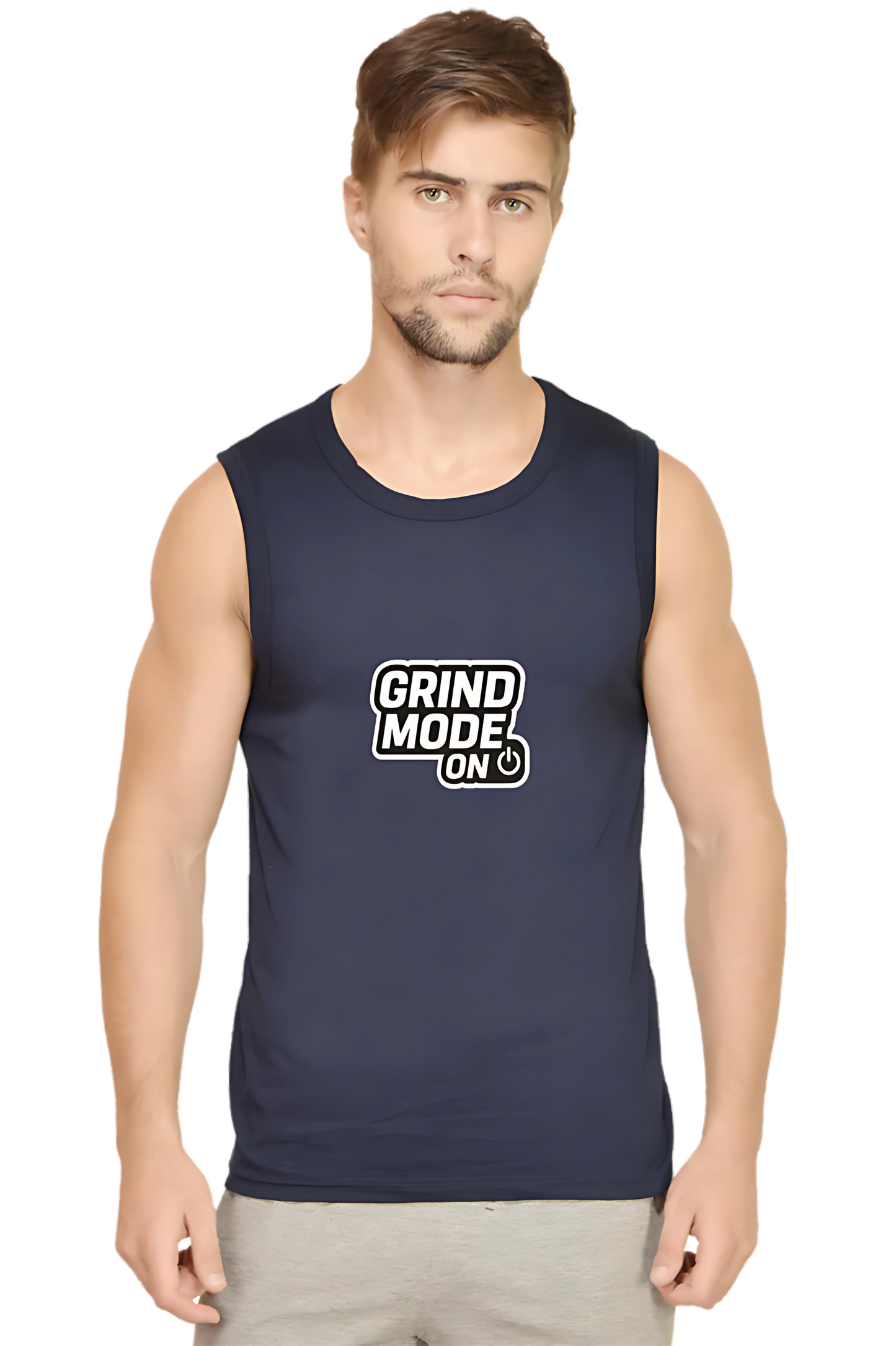 Men’s Sleeveless Cotton Gym T-Shirt | “Grind Mode On” Motivational Print | 180 GSM | Regular Fit | Bio-Washed & Pre-Shrunk