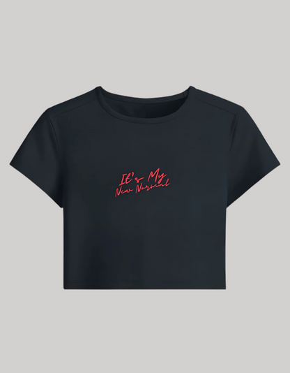 Women’s Baby Tee – “It’s My New Normal” Slogan | Stretchable Fit | 240 GSM Cotton-Spandex | Gen Z Style | Bio-Washed & Pre-Shrunk