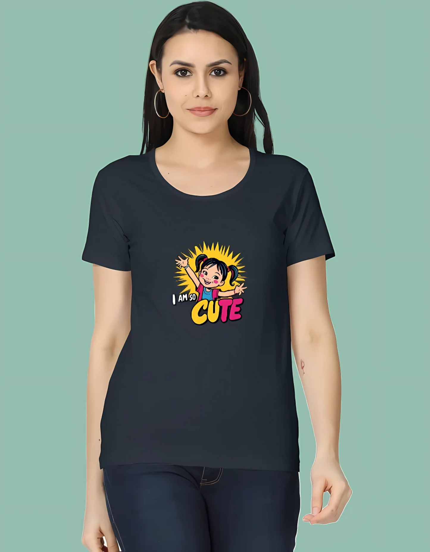 Women’s Classic Cotton T-Shirt – “I Am So Cute” Cartoon Girl Graphic | 180 GSM | Regular Fit | Vibrant Print
