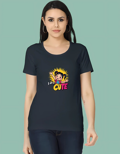 Women’s Classic Cotton T-Shirt – “I Am So Cute” Cartoon Girl Graphic | 180 GSM | Regular Fit | Vibrant Print