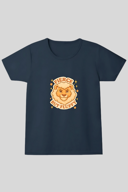 Girls' 100% Cotton T-Shirt for Kids | “Fierce But Fluffy” Cute Lion Print | 180 GSM | Pre-Shrunk | Soft & Bio-Washed
